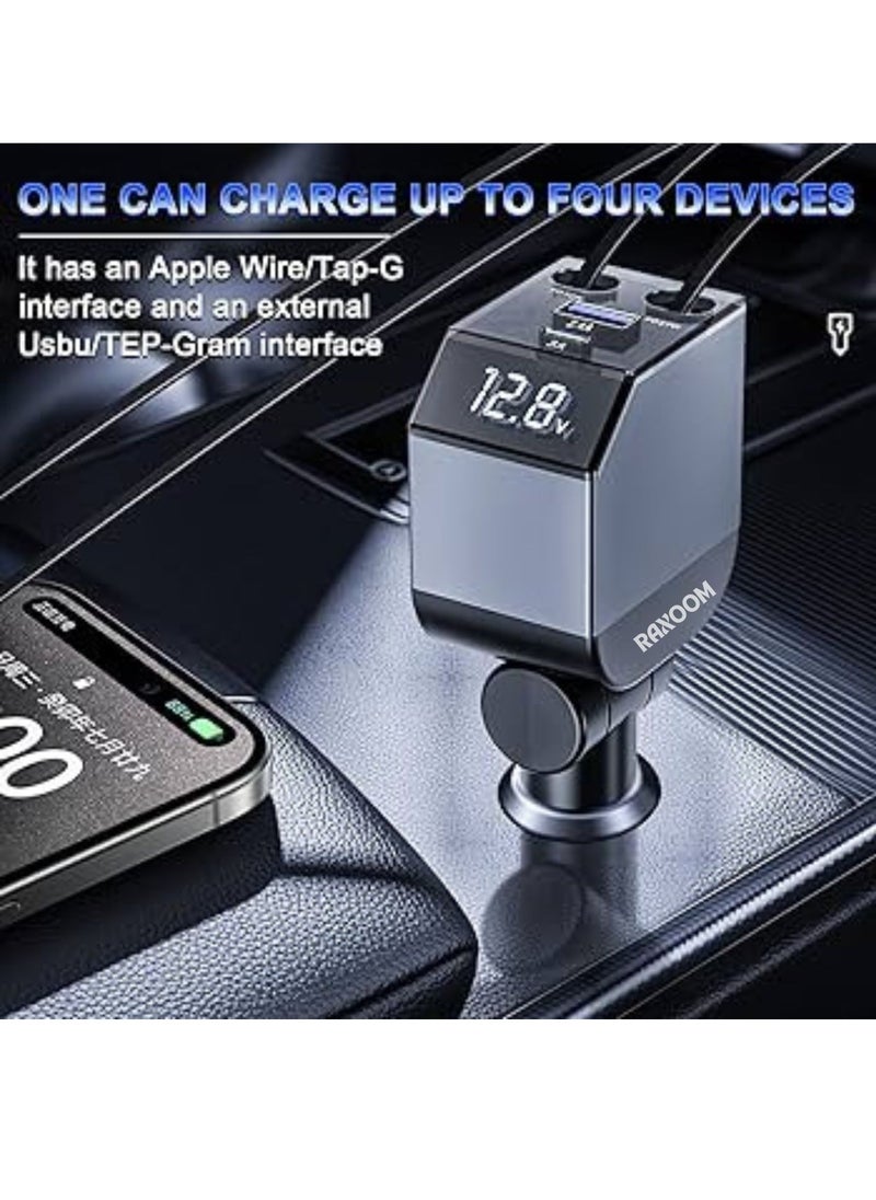 Raxoom - Car Charger 84W- Fast Charging 4-in-1 Adapter with Collapsible Lightning & Type C Cables, Dual USB Ports & Voltage Display - 84W Compatible with iPhone, iPad, Galaxy -Powerfull Output - Image 1