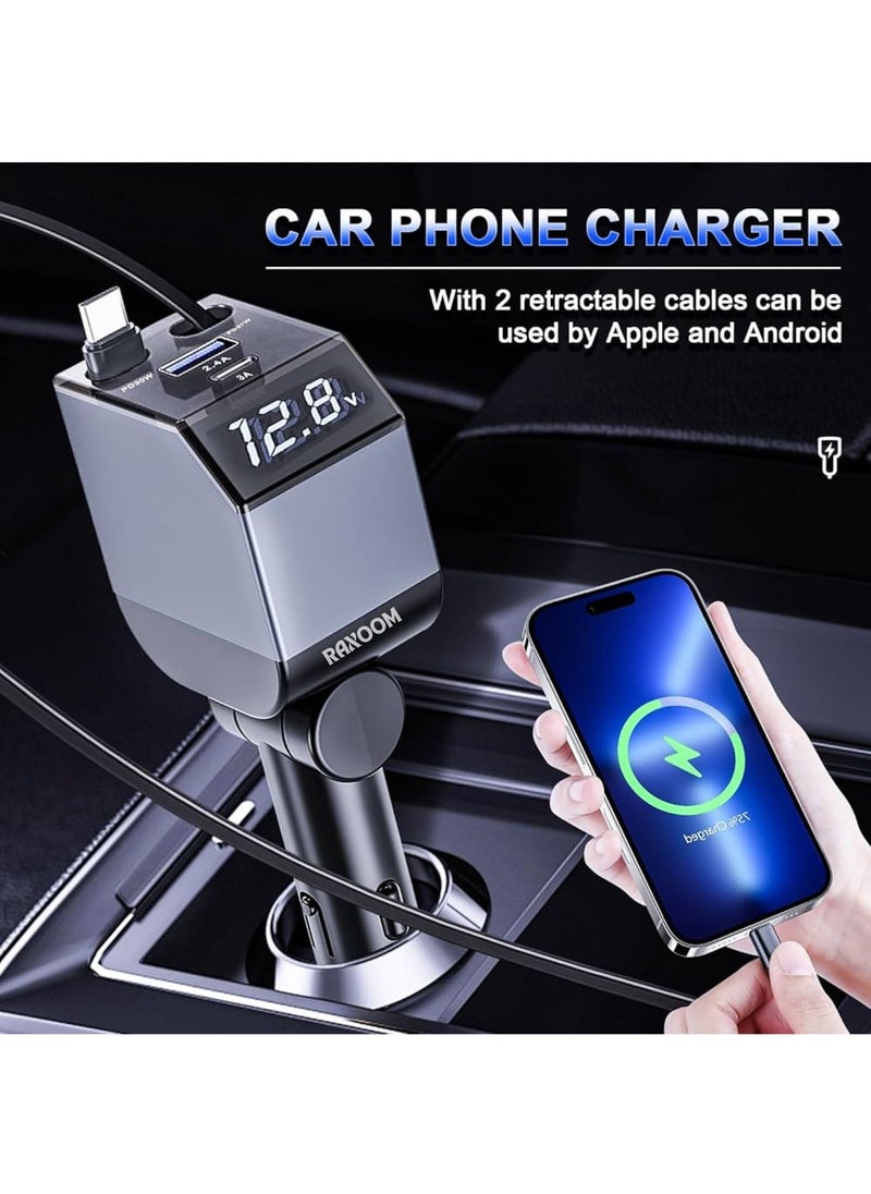 Raxoom - Car Charger 84W- Fast Charging 4-in-1 Adapter with Collapsible Lightning & Type C Cables, Dual USB Ports & Voltage Display - 84W Compatible with iPhone, iPad, Galaxy -Powerfull Output - Image 1