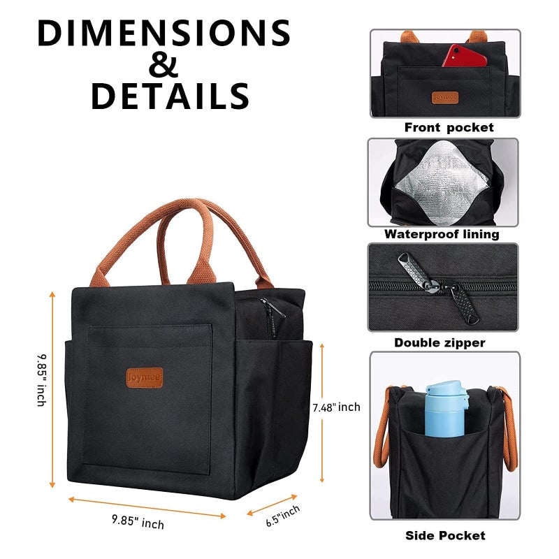 Joymee Lunch Bag Women Insulated Lunch Box Reusable Leakproof Large Spacious Cooler Tote for Women Men Adult with Bottle Holder and Side Pockets for Work Office Travel Picnic - Black - Image 2