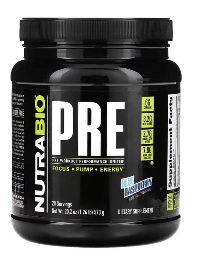 NutraBio Pre Workout Performance Igniter Blue Raspberry 1.26 lb 573 g  - Image 1