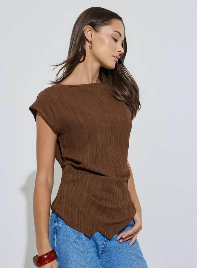 ستايلي Brown Waist Side Gathered Asymmetric Hem Blouse