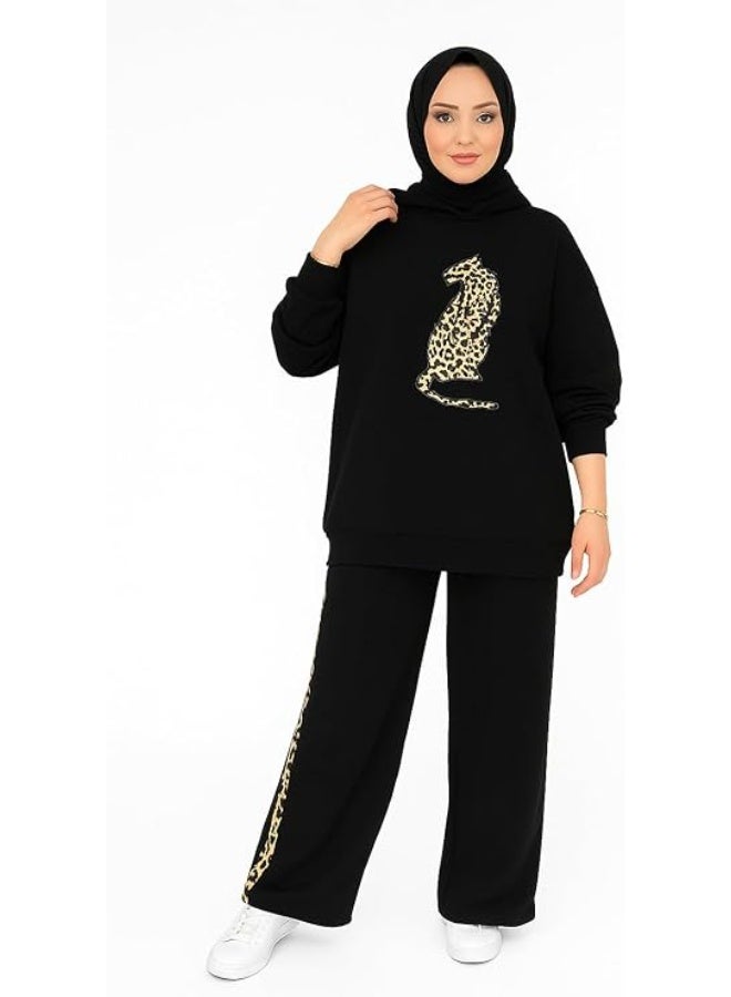 سوت قطعتين نمر تايجر نسائي خامة ميلتون قطن 100% ناعمة ضد الوبرة تصميم عصري فاخر بلوزة بتطريز نمر وبنطلون وايد ليج بخط جانبي تايجر لون أسود وان سايز يناسب من 60 إلى 85 كجم - Image 5