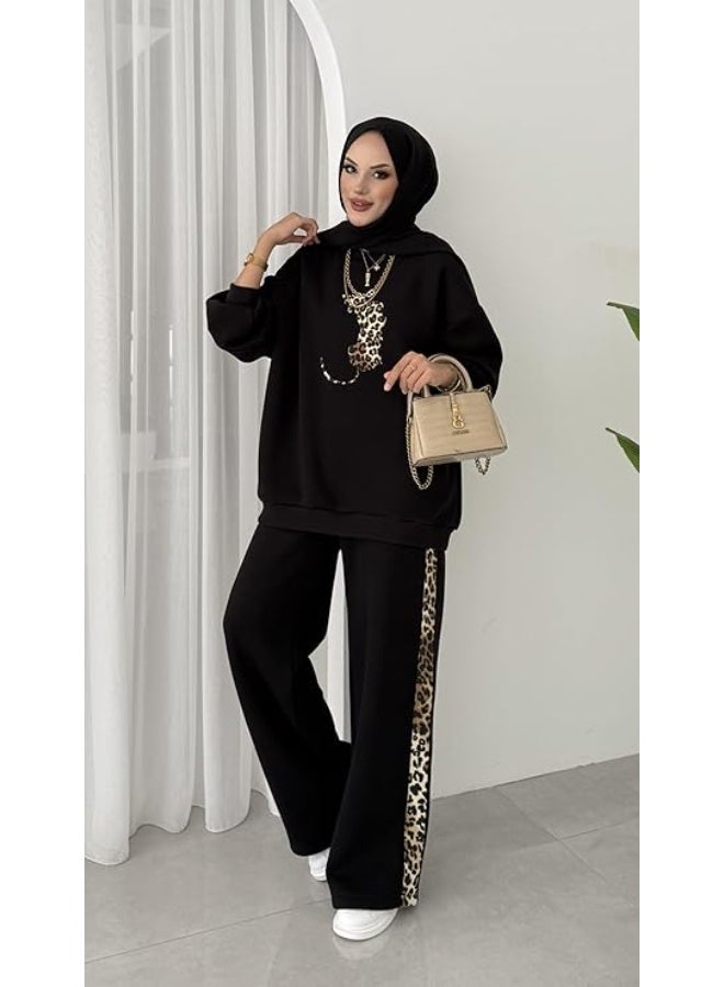 سوت قطعتين نمر تايجر نسائي خامة ميلتون قطن 100% ناعمة ضد الوبرة تصميم عصري فاخر بلوزة بتطريز نمر وبنطلون وايد ليج بخط جانبي تايجر لون أسود وان سايز يناسب من 60 إلى 85 كجم - Image 3