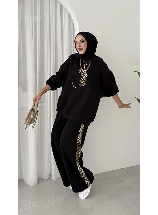 سوت قطعتين نمر تايجر نسائي خامة ميلتون قطن 100% ناعمة ضد الوبرة تصميم عصري فاخر بلوزة بتطريز نمر وبنطلون وايد ليج بخط جانبي تايجر لون أسود وان سايز يناسب من 60 إلى 85 كجم - Image 4