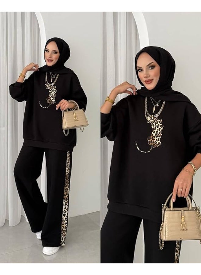 سوت قطعتين نمر تايجر نسائي خامة ميلتون قطن 100% ناعمة ضد الوبرة تصميم عصري فاخر بلوزة بتطريز نمر وبنطلون وايد ليج بخط جانبي تايجر لون أسود وان سايز يناسب من 60 إلى 85 كجم - Image 1