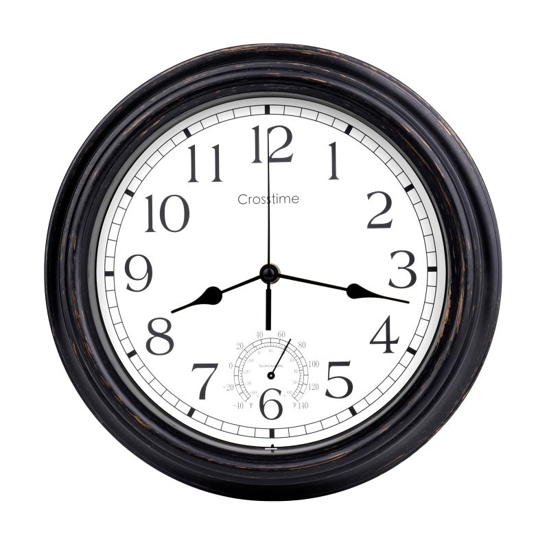 Crosstime 16 Inch Large Outdoor Clock Waterproof with Thermometer Retro Wall Clocks for Patio Pool Garden HomeBronze 