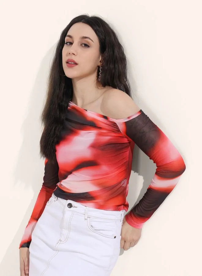 مرفوعة Women Regular Fit Paint Splash Asymmetric Neck Long Sleeve Gathered Top