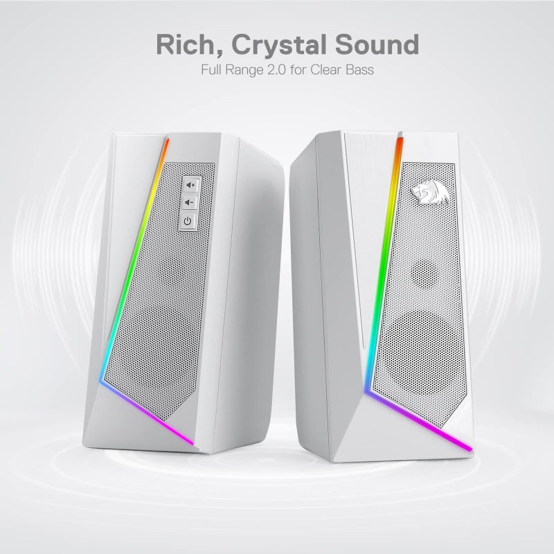 Redragon GS520 RGB Desktop Speakers, 2.0 Channel PC Computer Stereo Speaker with 6 Colorful LED Modes, Enhanced Sound and Easy-Access Volume Control, USB Powered w/ 3.5mm Cable, White - Image 3