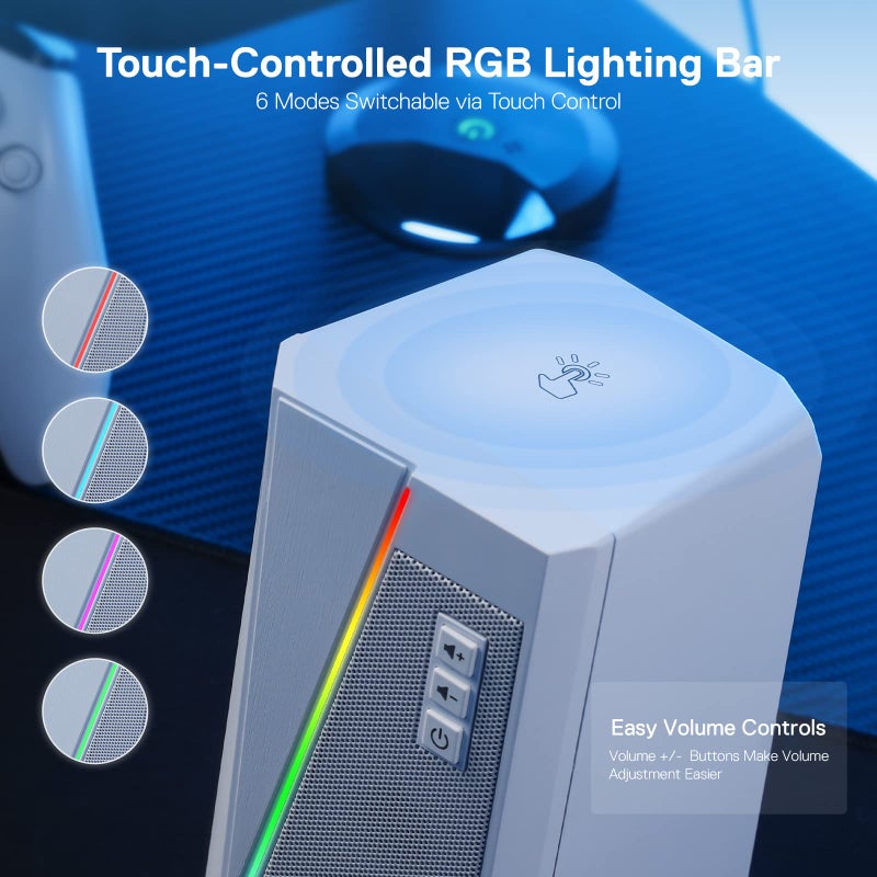 Redragon GS520 RGB Desktop Speakers, 2.0 Channel PC Computer Stereo Speaker with 6 Colorful LED Modes, Enhanced Sound and Easy-Access Volume Control, USB Powered w/ 3.5mm Cable, White - Image 4