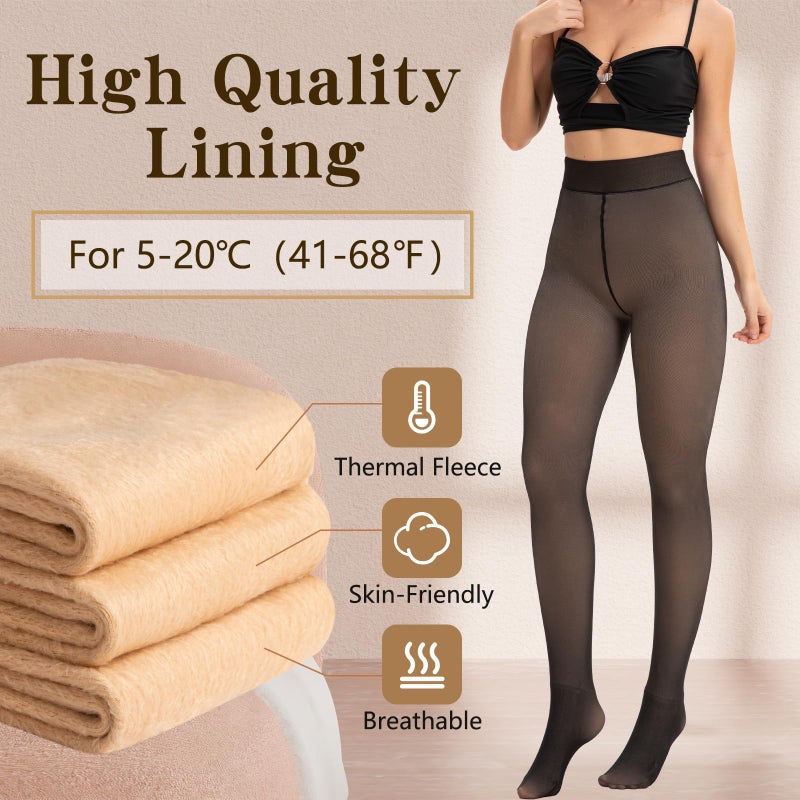 HONGTEYA Fleece Lined Tights Women Winter Thermal Leggings Pantyhose Fake Translucent Thick Warm Sheer Tights (US, Alpha, XX-Large, Regular, Regular, Fake Translucent Black-pantyhose) - Image 2