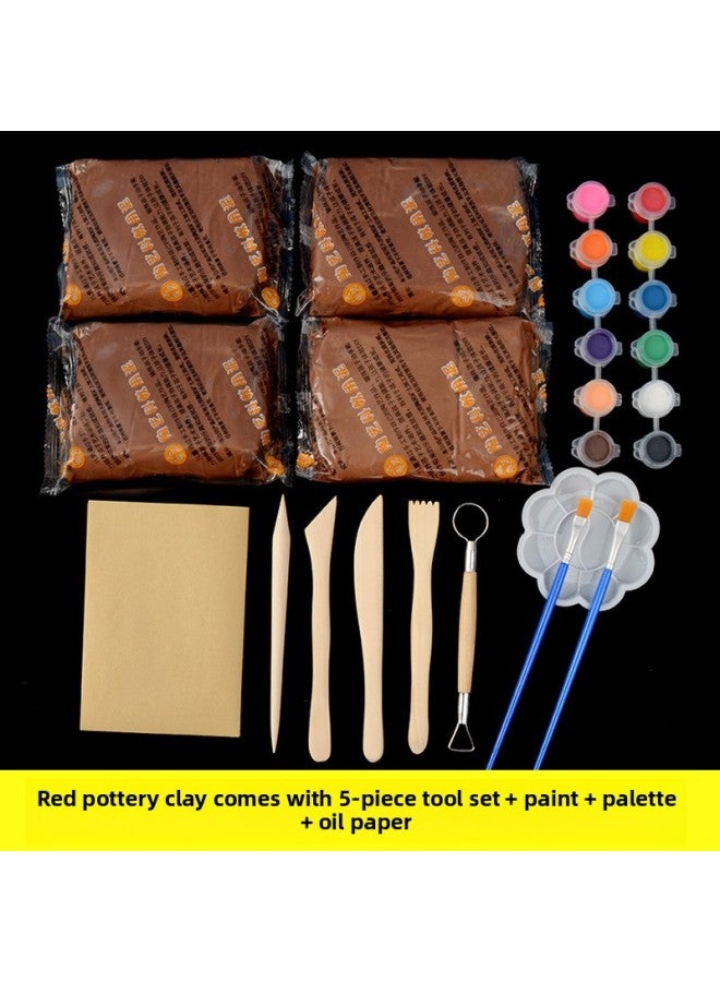 Clay Student Handmade Clay Soft Clay Clay Purple Clay Special Clay Sculpture Set Ceramic Clay Tool Clay-Color:Red Clay (4 Packs Of Free Oil Paper) + 8-piece Tool Set + Paint + Plate  - Image 1