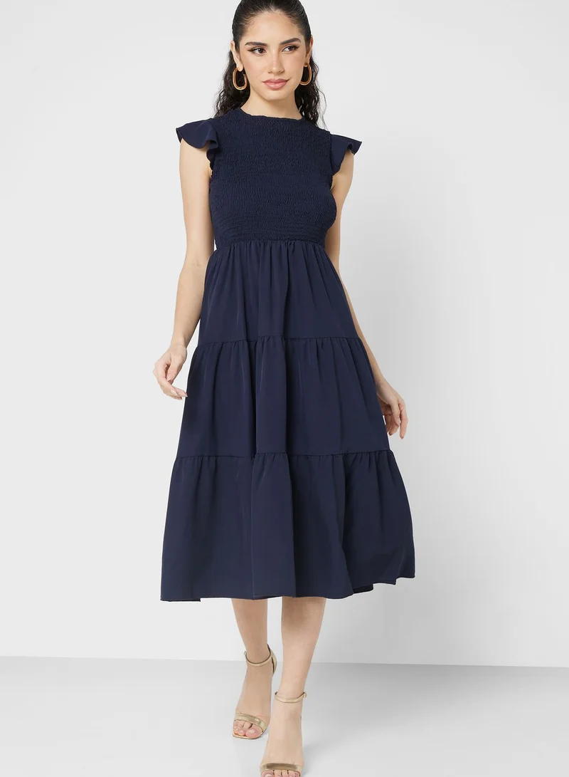 ELLA Ruched Ruffle Sleeve Dress