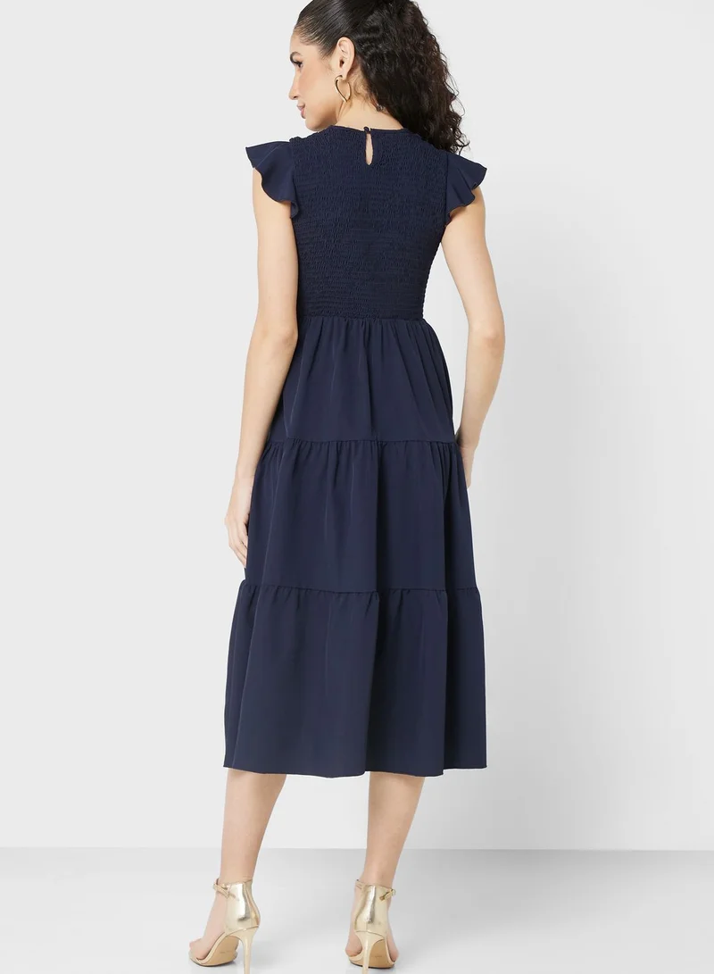 ELLA Ruched Ruffle Sleeve Dress