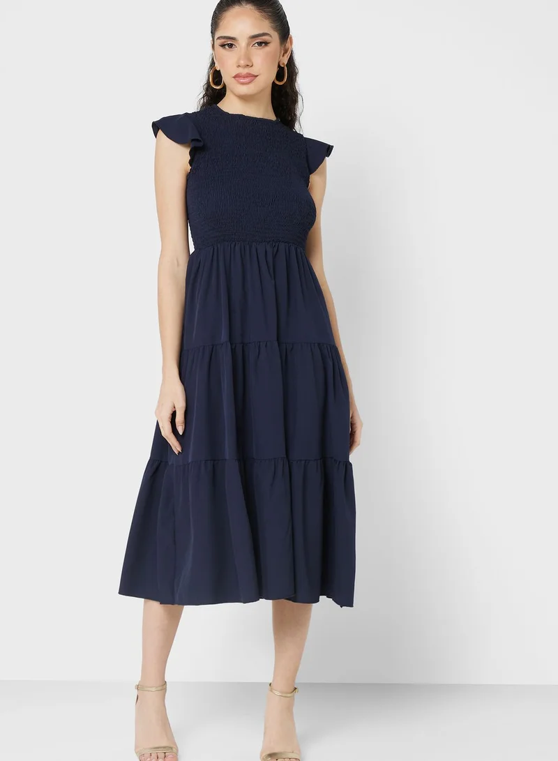 ELLA Ruched Ruffle Sleeve Dress