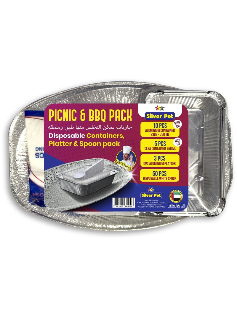 Silver Pot Picnic & BBQ Pack – Includes 10 Aluminum Containers with Lids (750ml), 5 Clear Containers (750ml), 3 Platters, and 50 Spoons – BPA-Free, Perfect for Outdoor Events - Image 1