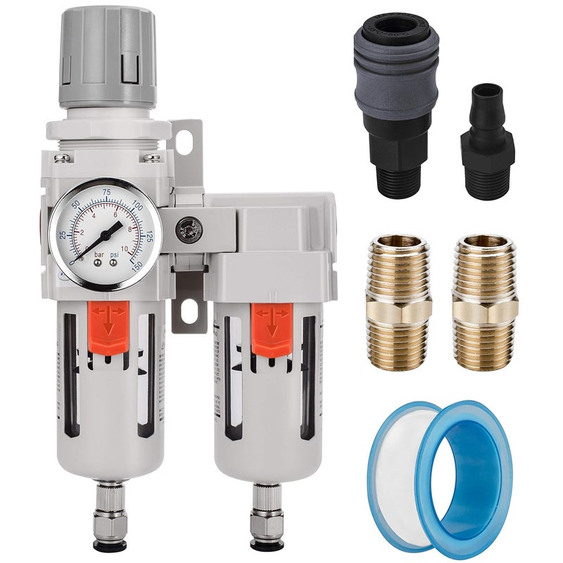 NANPU 1/2" NPT Air Dryer System - 5 Micron Particulate Filter, 0.5 Micron Coalescing Filter & Air Pressure Regulator, Water Trap Separator - Semi-Auto Drain,0-150 psi Gauge, Poly Bowl, Metal Bracket - Image 1