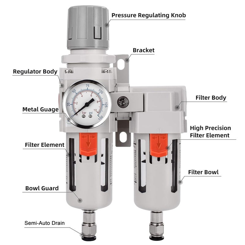 NANPU 1/2" NPT Air Dryer System - 5 Micron Particulate Filter, 0.5 Micron Coalescing Filter & Air Pressure Regulator, Water Trap Separator - Semi-Auto Drain,0-150 psi Gauge, Poly Bowl, Metal Bracket - Image 3