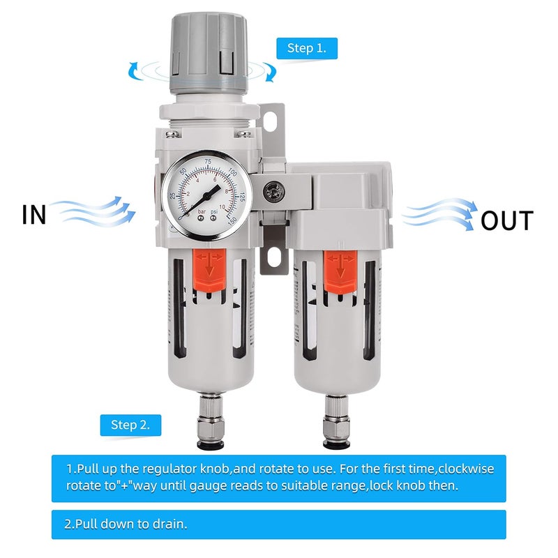 NANPU 1/2" NPT Air Dryer System - 5 Micron Particulate Filter, 0.5 Micron Coalescing Filter & Air Pressure Regulator, Water Trap Separator - Semi-Auto Drain,0-150 psi Gauge, Poly Bowl, Metal Bracket - Image 5