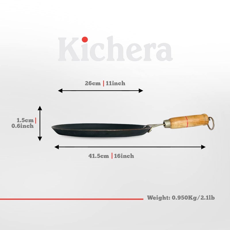 Kichera Pure Iron Fish Fry Pan with Wooden Handle Omlette Pan 28cm11 inch 095kg Gas Stove and Induction Friendly PreSeasoned Black Flat Sheet Metal Iron Tawa - Image 2