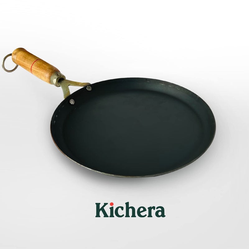 Kichera Pure Iron Fish Fry Pan with Wooden Handle Omlette Pan 28cm11 inch 095kg Gas Stove and Induction Friendly PreSeasoned Black Flat Sheet Metal Iron Tawa - Image 3