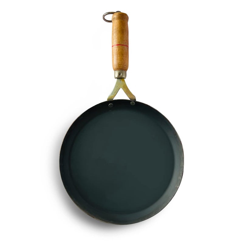 Kichera Pure Iron Fish Fry Pan with Wooden Handle Omlette Pan 28cm11 inch 095kg Gas Stove and Induction Friendly PreSeasoned Black Flat Sheet Metal Iron Tawa - Image 1