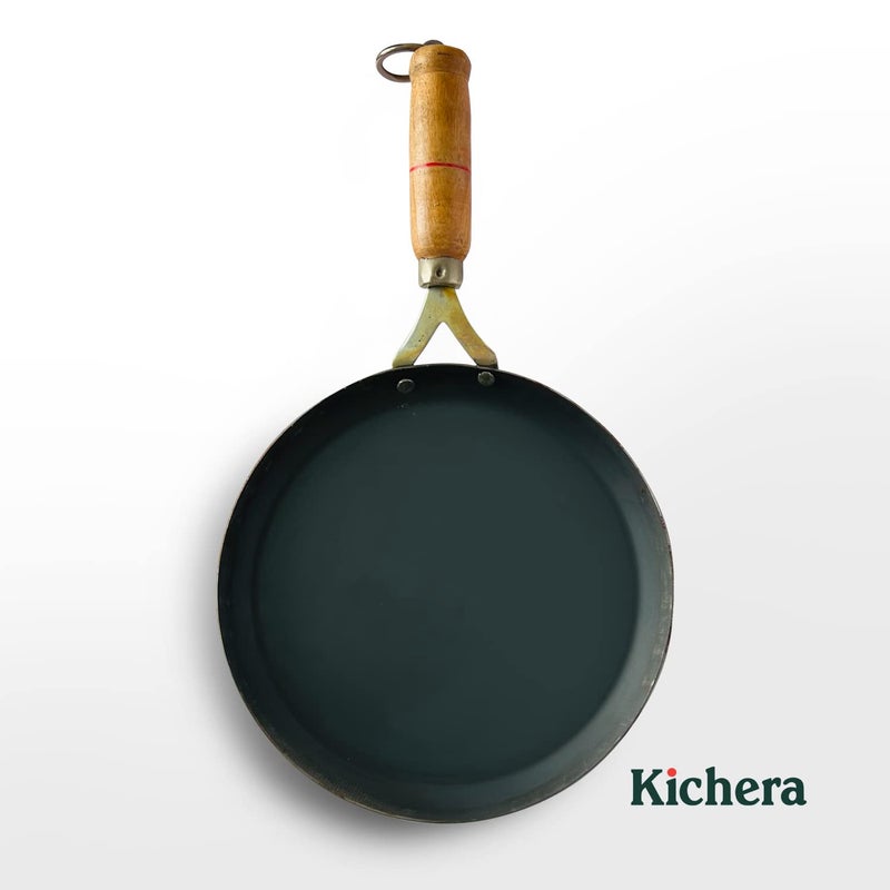 Kichera Pure Iron Fish Fry Pan with Wooden Handle Omlette Pan 28cm11 inch 095kg Gas Stove and Induction Friendly PreSeasoned Black Flat Sheet Metal Iron Tawa - Image 5