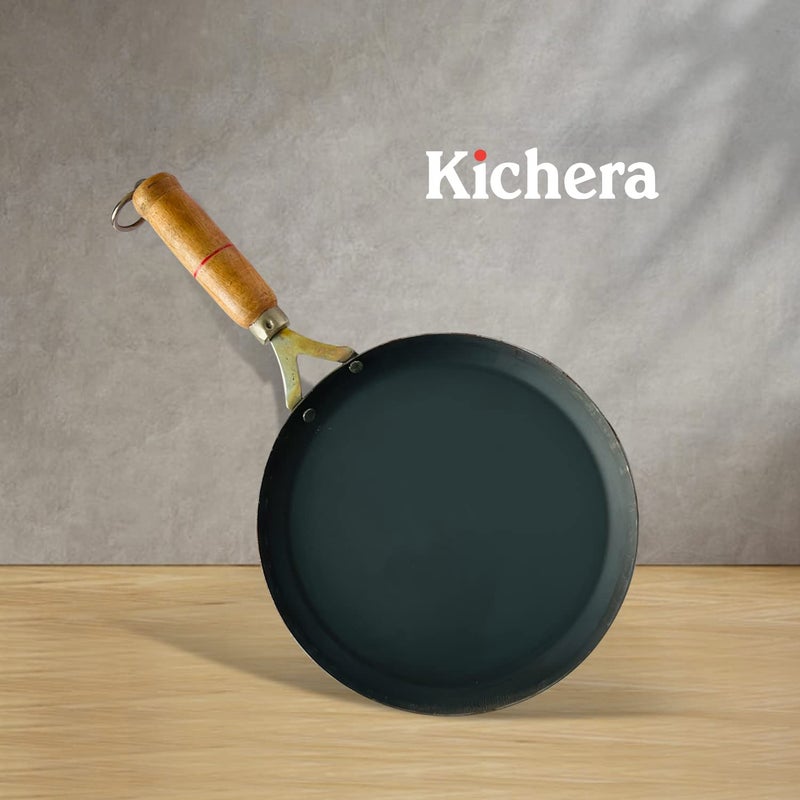 Kichera Pure Iron Fish Fry Pan with Wooden Handle Omlette Pan 28cm11 inch 095kg Gas Stove and Induction Friendly PreSeasoned Black Flat Sheet Metal Iron Tawa - Image 4