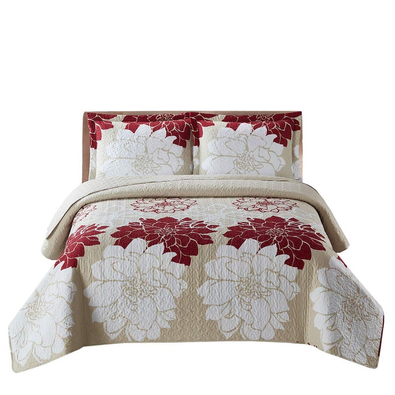 Royal Tradition HelenaBurgundy Reversible Coverlets Queen OverSized 3pc Quilt Set 92Inch Wide x 96Inch Long Lightweight Bedspread