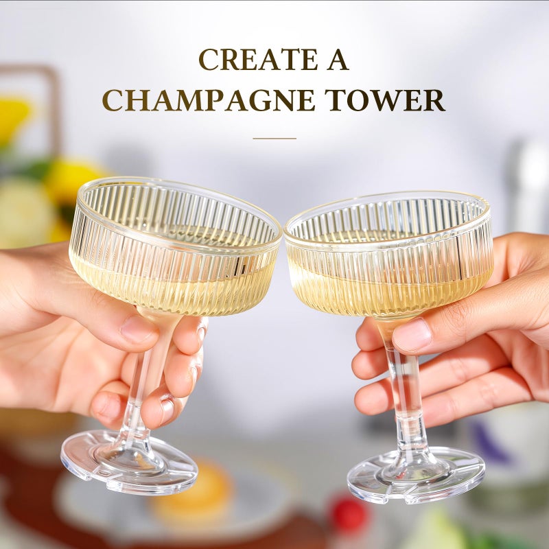 Goodluck 4-Tier Champagne Glasses - 20 PCS 7oz Clear Plastic Champagne Flutes, Plastic Coupe Glasses with Vertical Stripes for Weddings, Celebrations, Parties & Birthdays - Image 2