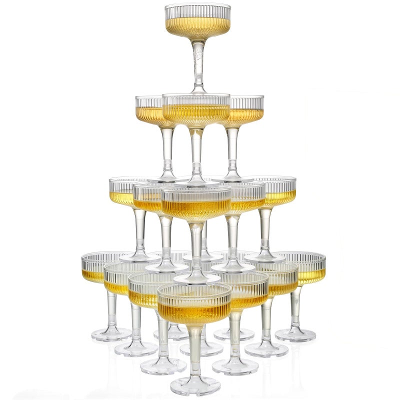 Goodluck 4-Tier Champagne Glasses - 20 PCS 7oz Clear Plastic Champagne Flutes, Plastic Coupe Glasses with Vertical Stripes for Weddings, Celebrations, Parties & Birthdays - Image 1