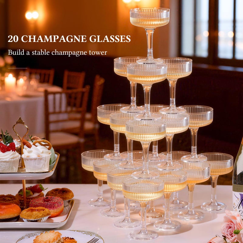 Goodluck 4-Tier Champagne Glasses - 20 PCS 7oz Clear Plastic Champagne Flutes, Plastic Coupe Glasses with Vertical Stripes for Weddings, Celebrations, Parties & Birthdays - Image 3