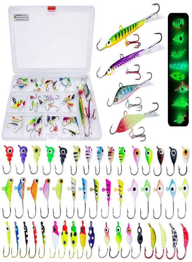 Bombite Ice Fishing Lures Ice Fishing Jigs Kit Glowing Paint Ice Fishing Jig Heads for Crappie Perch Trout Walleye Ice Fishing Gear 52Pcs - Image 1