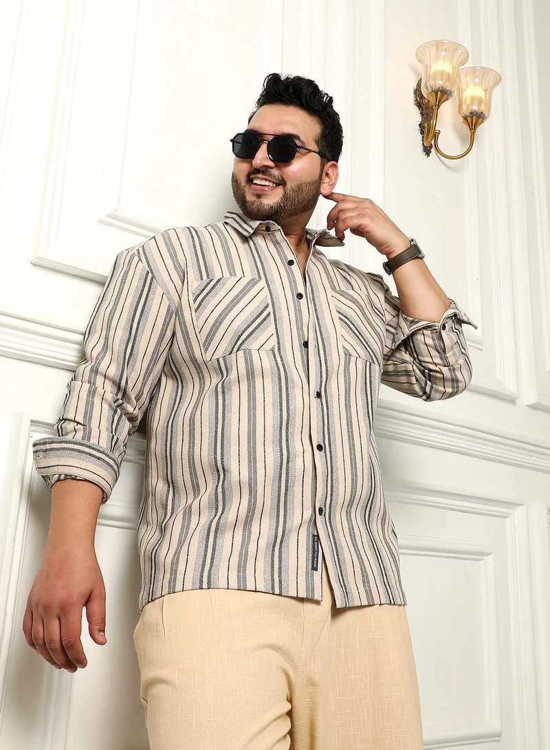 Instafab Plus Instafab Plus Men's Beige & Grey Multitrack Striped Relaxed Shirt For Casual Wear | Spread Collar | Long Sleeves | Button Closure | Plus Size Shirt Crafted With Comfort Fit For Everyday Wear