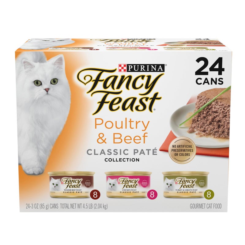 Fancy Feast Poultry and Beef Feast Classic Pate Collection Grain Free Wet Cat Food Variety Pack - (Pack of 24) 3 oz. Cans - Image 1
