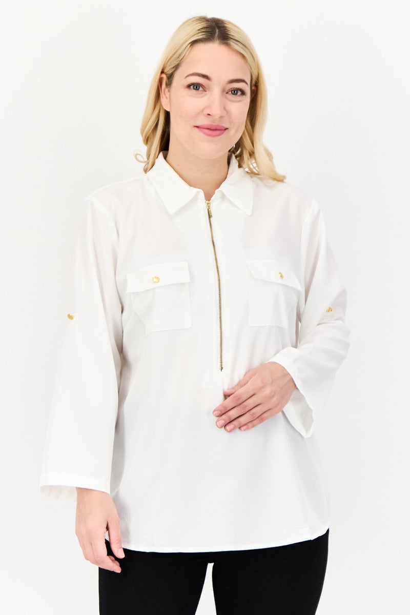 Notations Women Spread Collar Long Sleeve Plain Blouse, White - Image 1