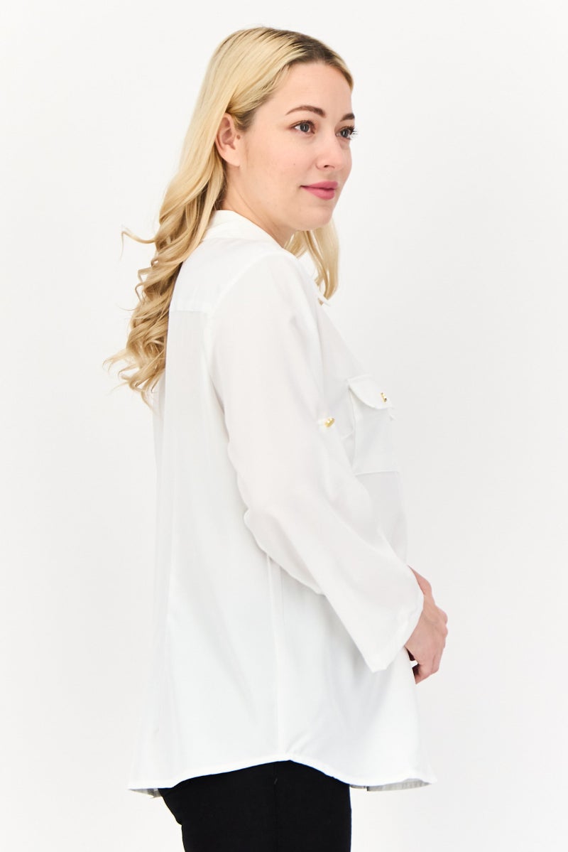 Notations Women Spread Collar Long Sleeve Plain Blouse, White - Image 2