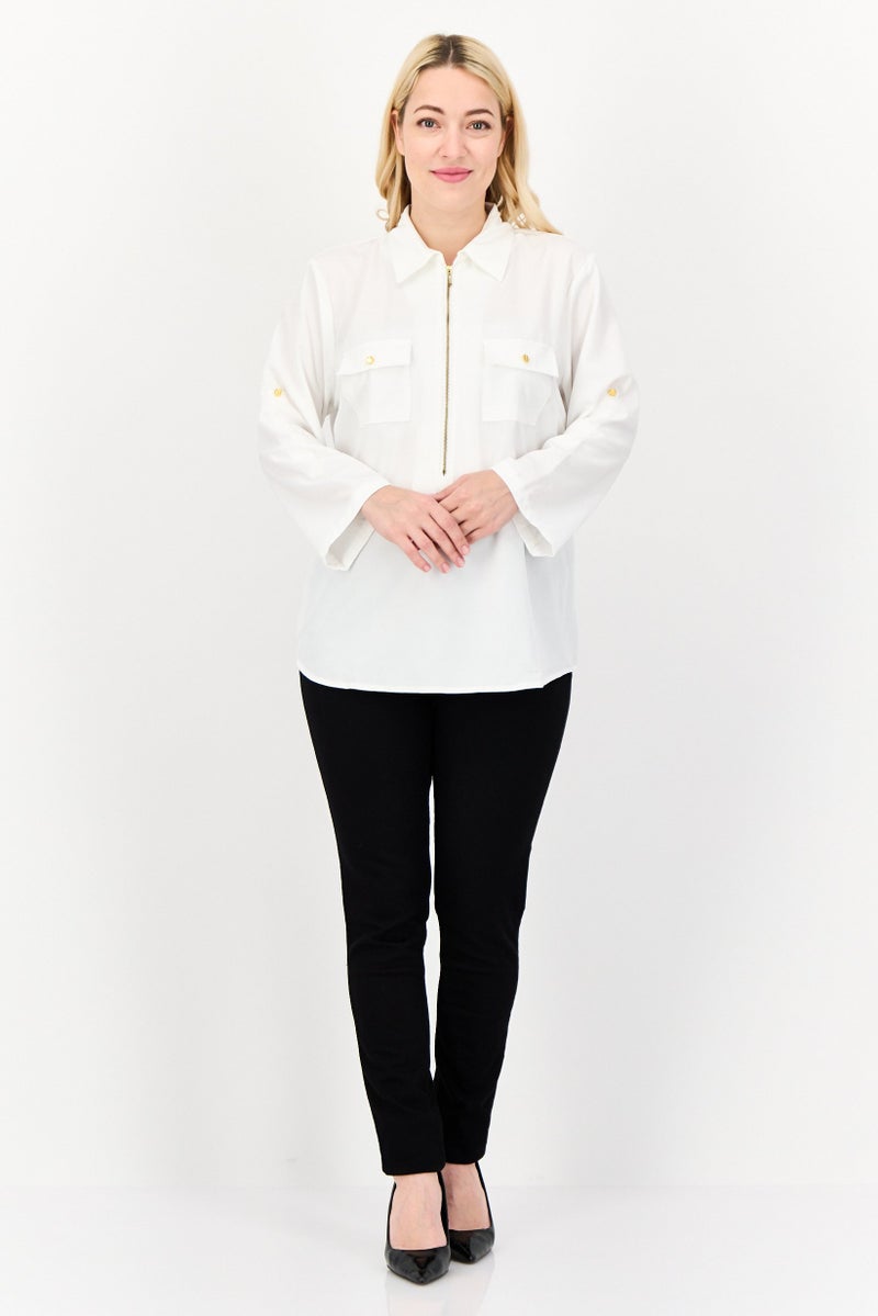Notations Women Spread Collar Long Sleeve Plain Blouse, White - Image 4