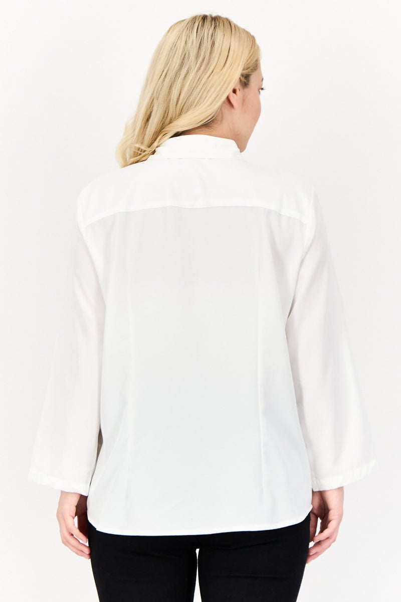 Notations Women Spread Collar Long Sleeve Plain Blouse, White - Image 3