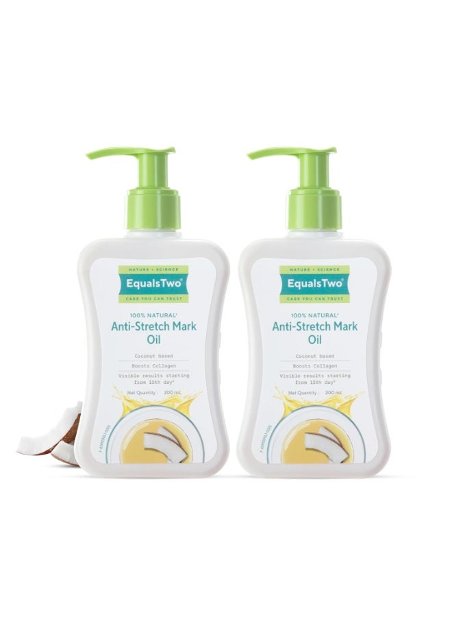 EQUALSTWO by Zydus Anti Stretch Mark Oil, 200ml, 100% Natural Stretch Marks Oil for Pregnancy, Enriched with Flex Seeds & Oat Oil to Lighten Scars, Dermatologically Tested, No Paraben No Sulphate (Pack of 2) - Image 1