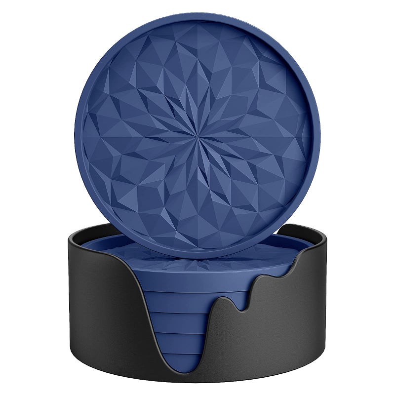 MEFAN Silicone Coasters with Holder6 Pack Drinking Coasters Cup Mat for Hot or Cold Drinks Thickened NonSlip NonstickDeep Tray Navy Blue
