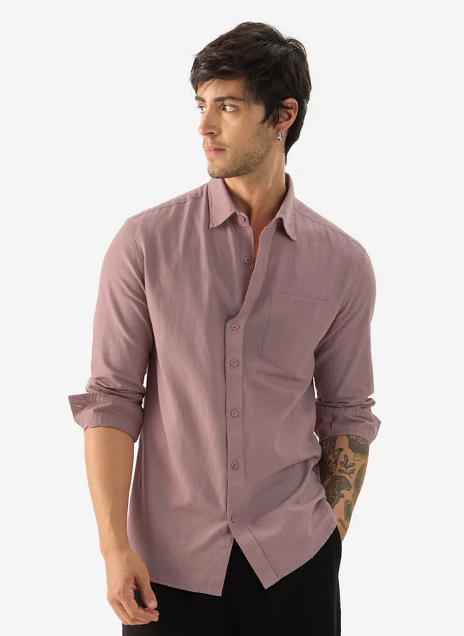 The Souled Store The Souled Store Men Soft Pink Solid Regular Fit Cotton Linen Shirt