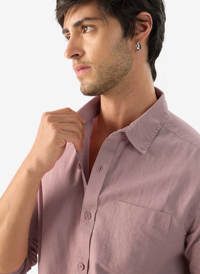 The Souled Store The Souled Store Men Soft Pink Solid Regular Fit Cotton Linen Shirt