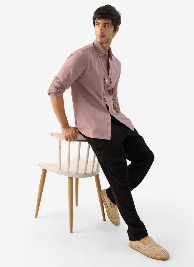 The Souled Store  The Souled Store Men Soft Pink Solid Regular Fit Cotton Linen Shirt  | Best Price UAE