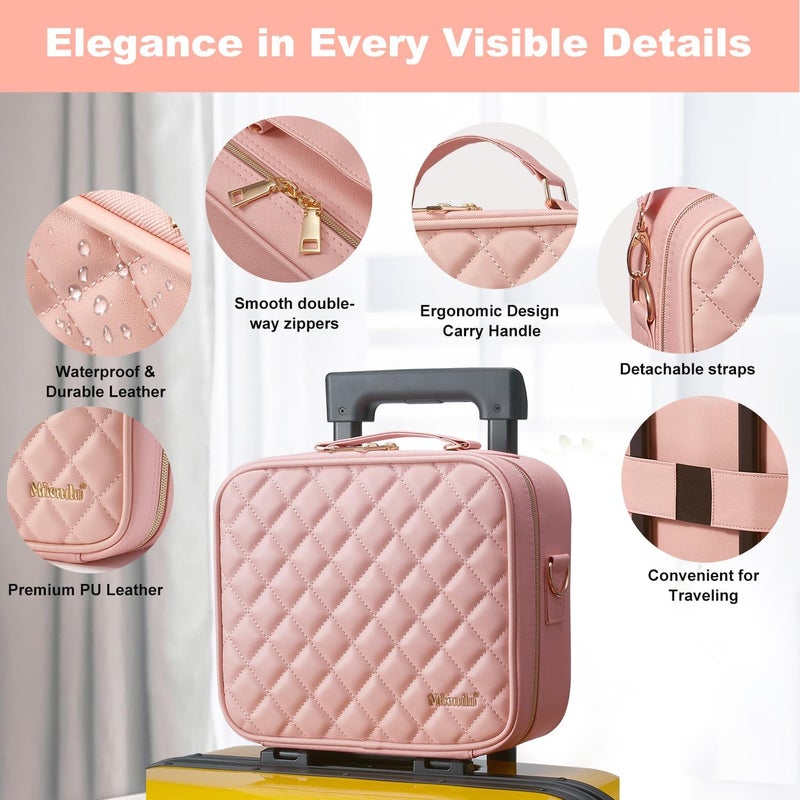 Mocado Travel Makeup Bag with LED Lighted Mirror, Travel Makeup Organizer, Makeup Case with 8 Makeup Brushes and 10x Magnifying Mirror, 3 Color Lighting, Adjustable Divider Makeup Box(Pink Lozenge) - Image 3