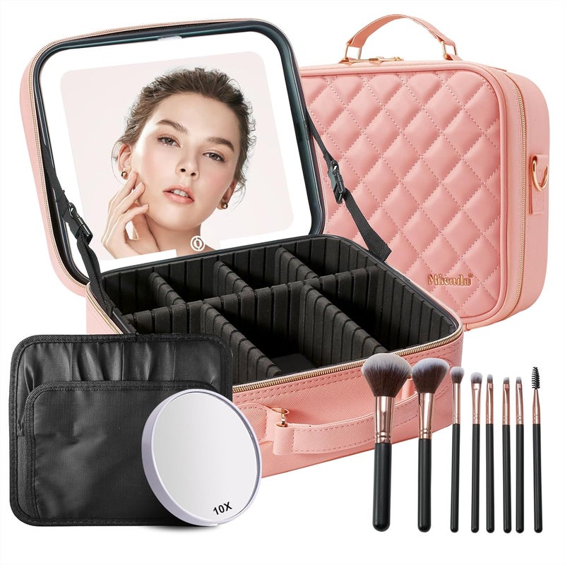 Mocado Travel Makeup Bag with LED Lighted Mirror, Travel Makeup Organizer, Makeup Case with 8 Makeup Brushes and 10x Magnifying Mirror, 3 Color Lighting, Adjustable Divider Makeup Box(Pink Lozenge) - Image 1