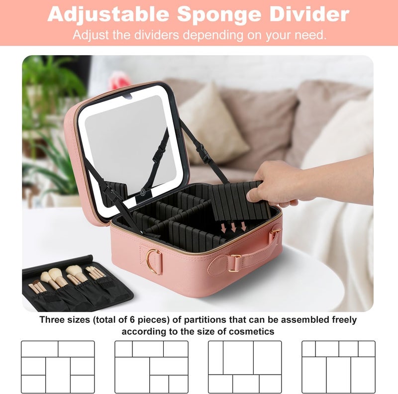 Mocado Travel Makeup Bag with LED Lighted Mirror, Travel Makeup Organizer, Makeup Case with 8 Makeup Brushes and 10x Magnifying Mirror, 3 Color Lighting, Adjustable Divider Makeup Box(Pink Lozenge) - Image 4