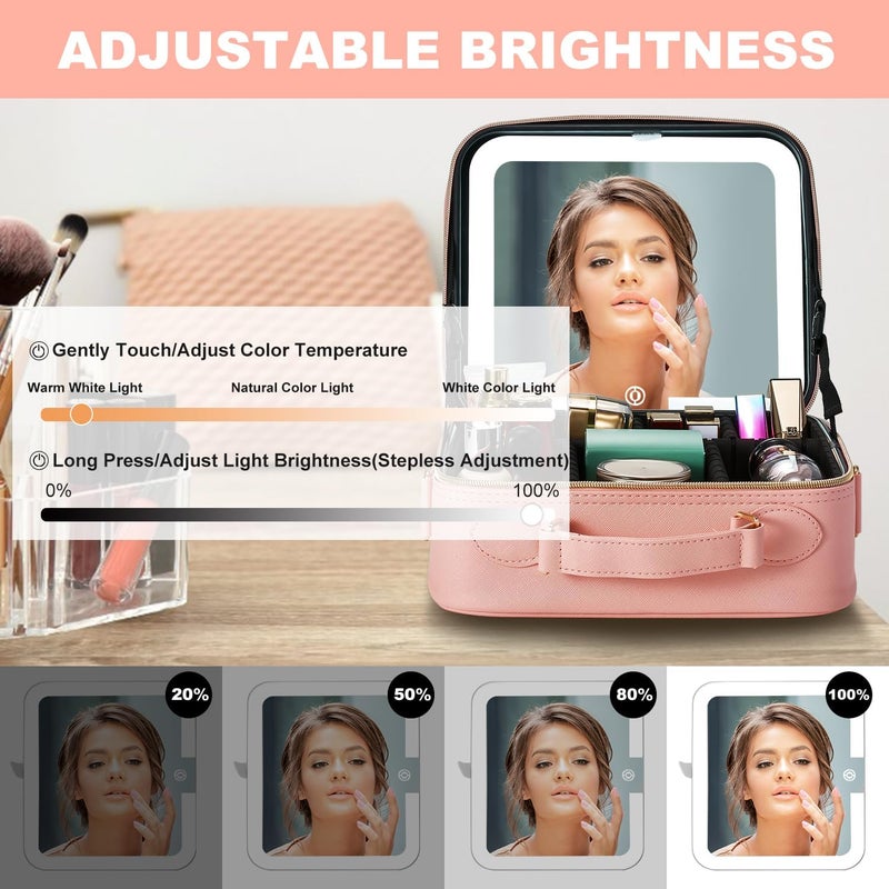 Mocado Travel Makeup Bag with LED Lighted Mirror, Travel Makeup Organizer, Makeup Case with 8 Makeup Brushes and 10x Magnifying Mirror, 3 Color Lighting, Adjustable Divider Makeup Box(Pink Lozenge) - Image 5