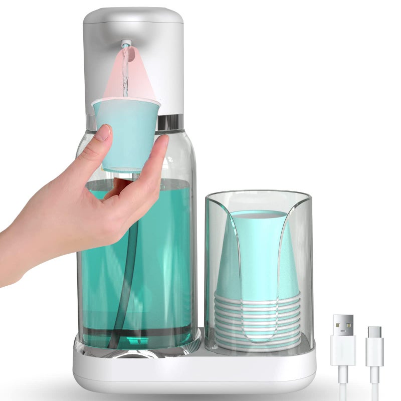 Luvan Automatic Mouthwash Dispenser for Bathroom, 25oz(750ml) Smart Mouthwash Dispenser with Cup Holder, Infrared Sensor and 2 Dispensing Levels, Rechargable Mouth Pumb Dispenser for All Age Groups - Image 1