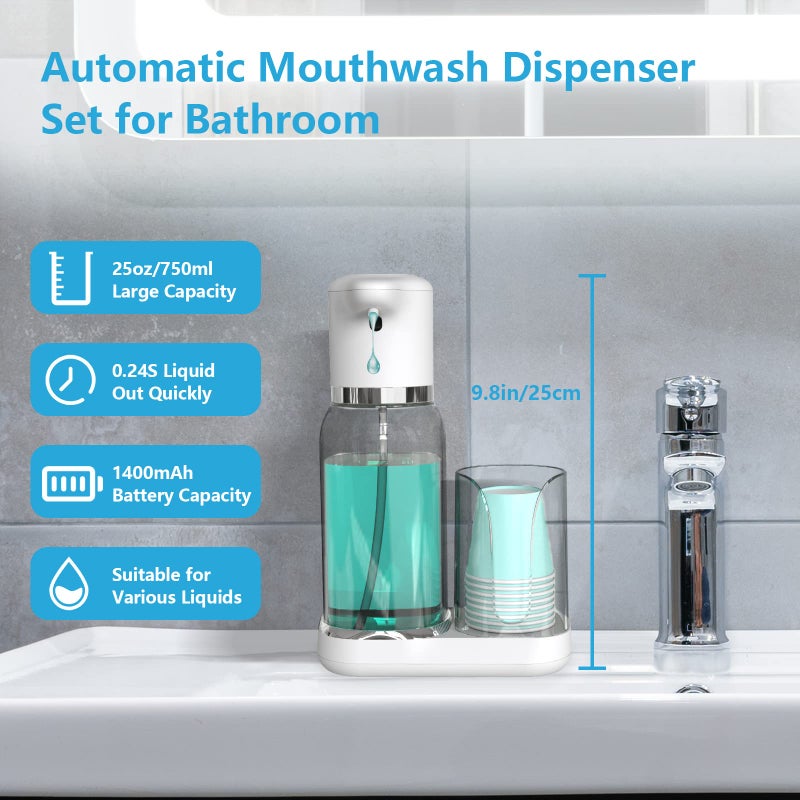 Luvan Automatic Mouthwash Dispenser for Bathroom, 25oz(750ml) Smart Mouthwash Dispenser with Cup Holder, Infrared Sensor and 2 Dispensing Levels, Rechargable Mouth Pumb Dispenser for All Age Groups - Image 2