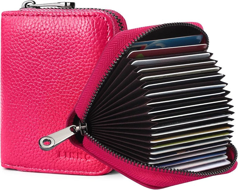 Linno RFID 20 Slots Credit Card Holder Genuine Leather Small Wallet for Women or Men with Zipper - Image 1